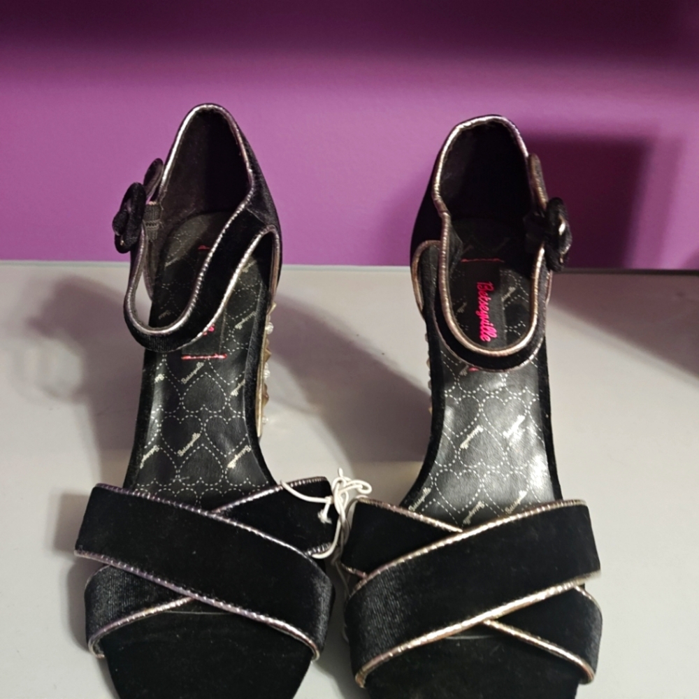 Betsey Johnson Rhinestone/Stud Black and Gold Heels